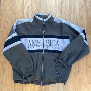 Perry Ellis Vintage Windbreaker Jacket Green White Black America